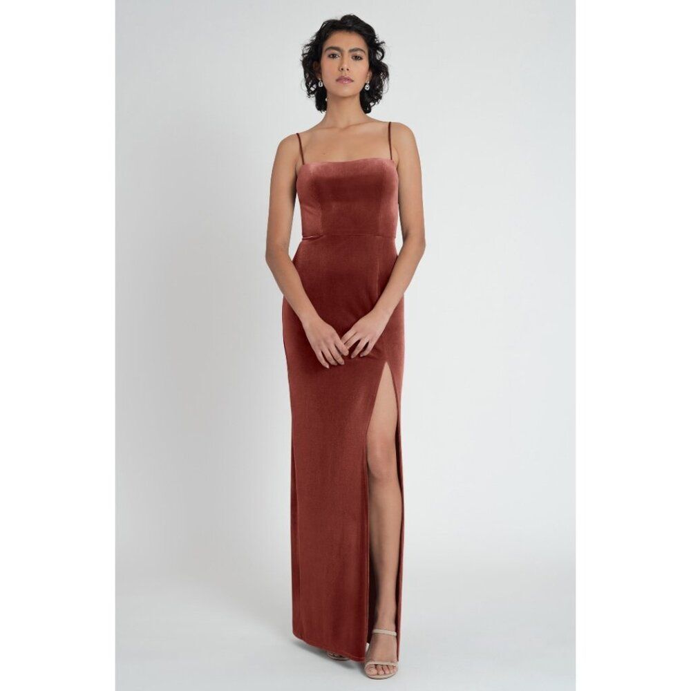 Jenny Yoo Quinn Long Stretch Velvet Square Neck Gown Slit English Rose